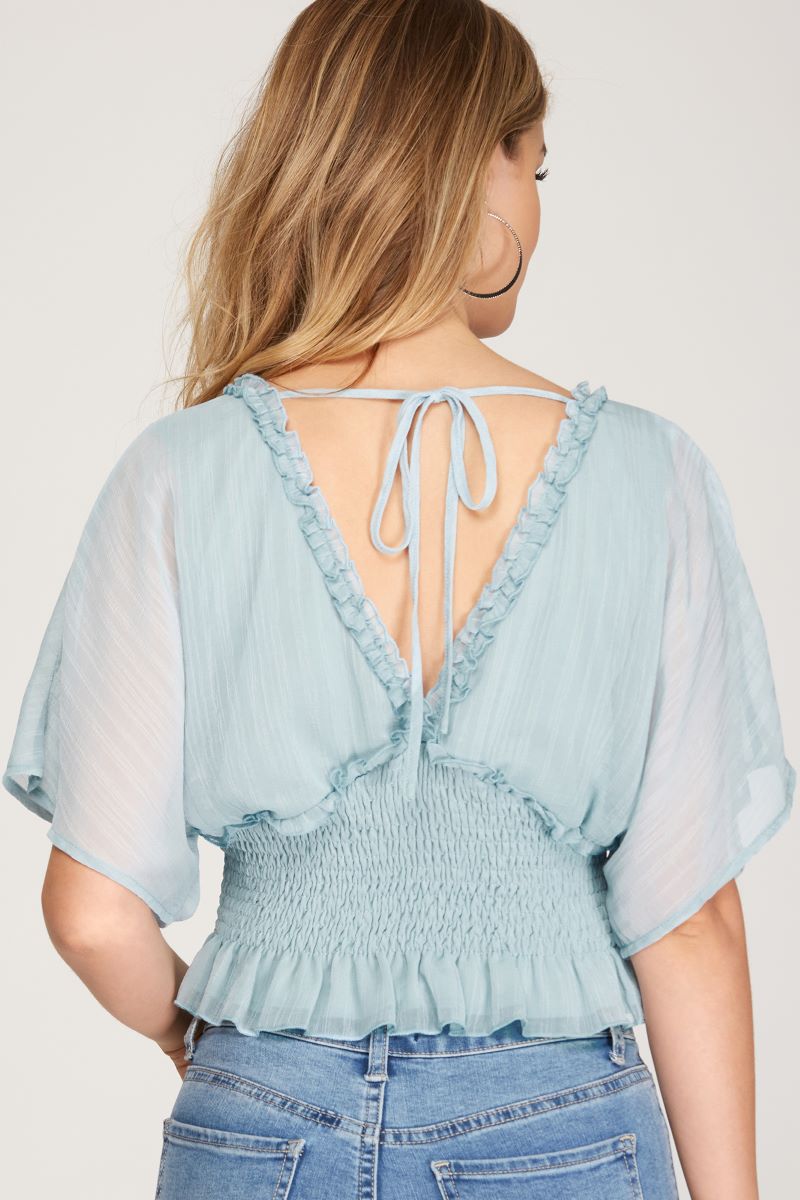 MISTY BLUE KIMONO SLEEVES SMOCKED WAISTBAND TIE-BACK WOVEN TOP
