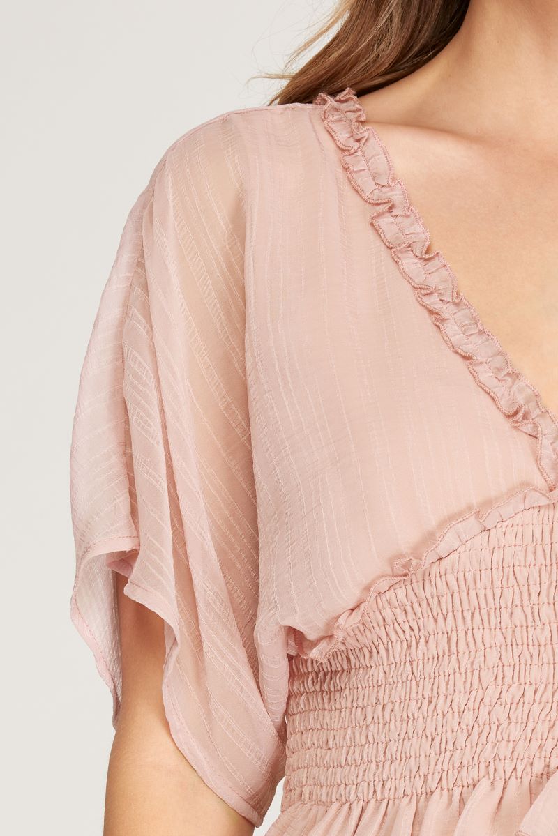 ROSE KIMONO SLEEVES SMOCKED WAISTBAND TIE BACK WOVEN TOP