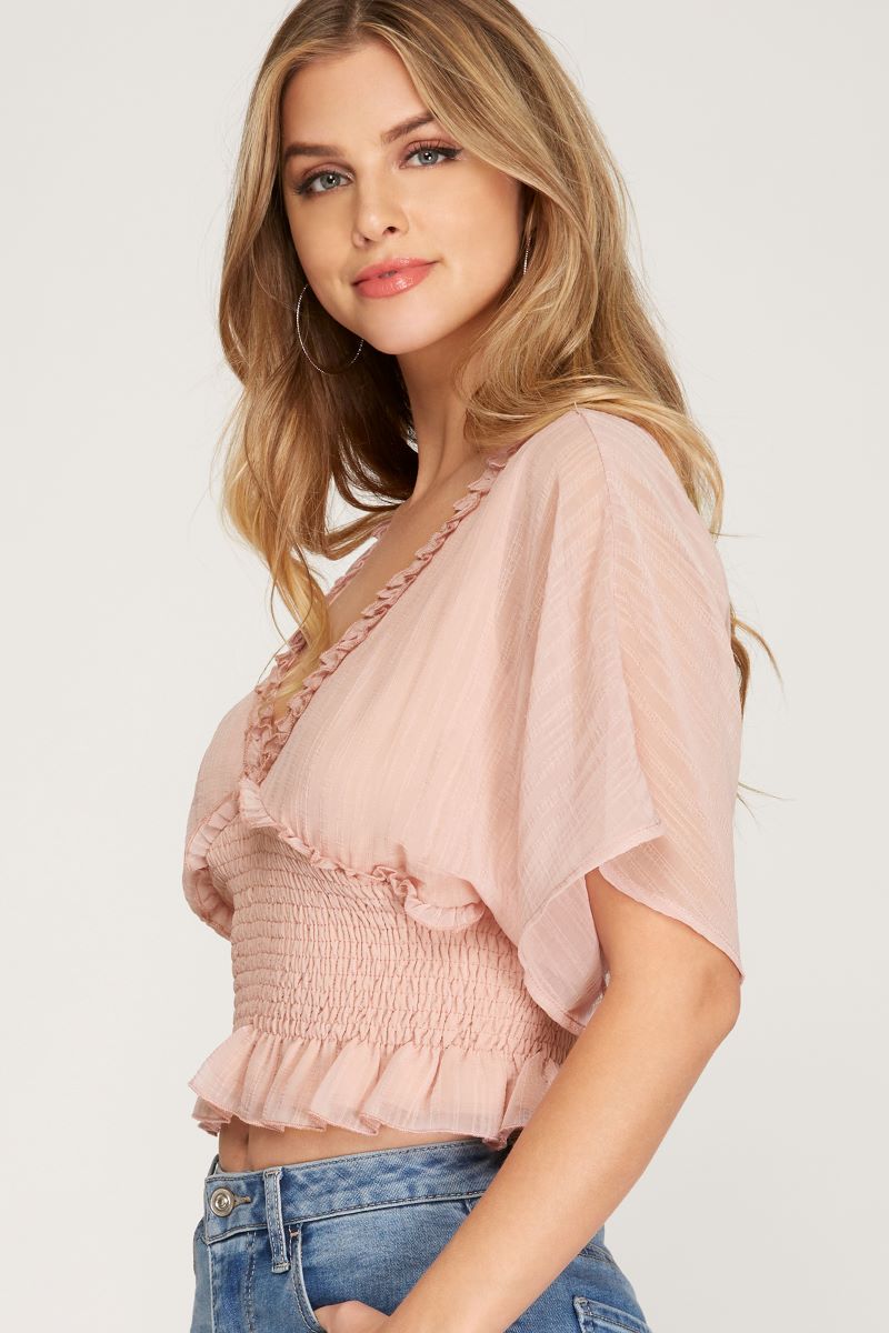 ROSE KIMONO SLEEVES SMOCKED WAISTBAND TIE BACK WOVEN TOP