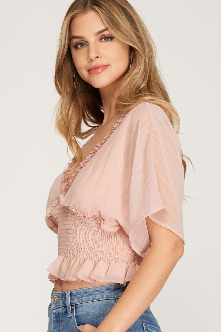 ROSE KIMONO SLEEVES SMOCKED WAISTBAND TIE BACK WOVEN TOP