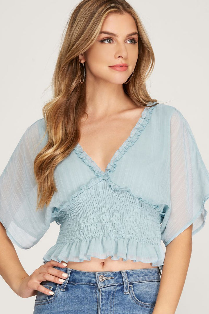MISTY BLUE KIMONO SLEEVES SMOCKED WAISTBAND TIE-BACK WOVEN TOP