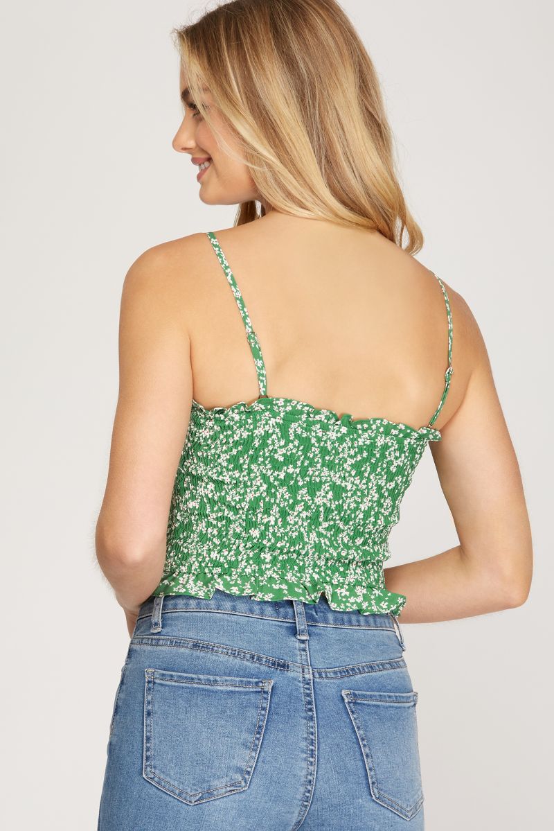 GREEN SMOCKED SPAGHETTI STRAP WOVEN CAMI TOP SKSS9728