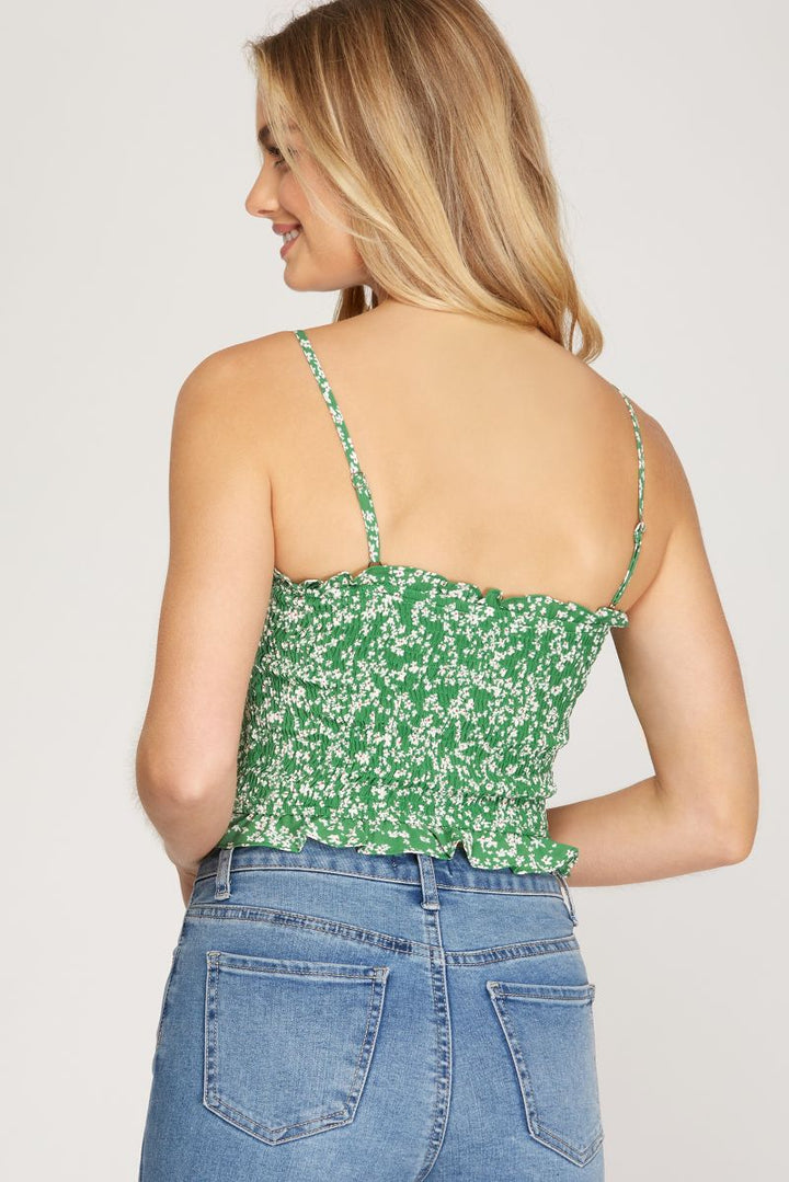 GREEN SMOCKED SPAGHETTI STRAP WOVEN CAMI TOP SKSS9728