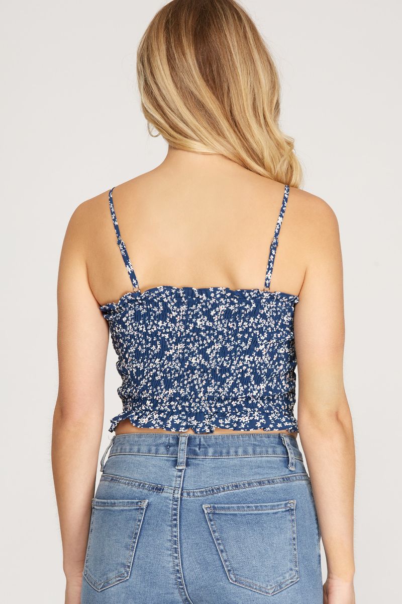 NAVY BLUE SMOCKED SPAGHETTI STRAP WOVEN CAMI TOP SKSS9728