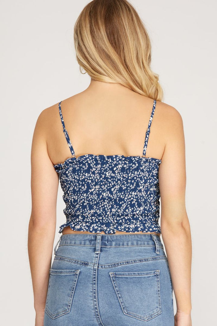 NAVY BLUE SMOCKED SPAGHETTI STRAP WOVEN CAMI TOP SKSS9728