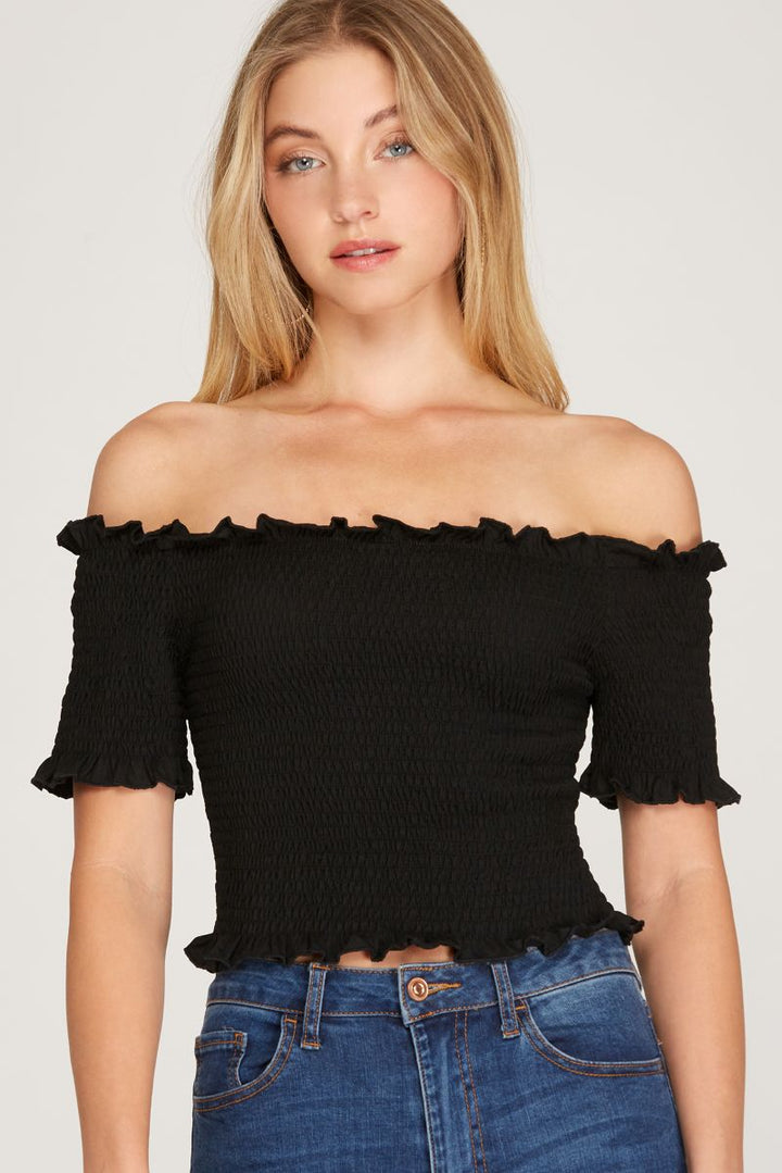 BLACK OFF SHOULDER SMOCKED KNIT TOP SKSS9843