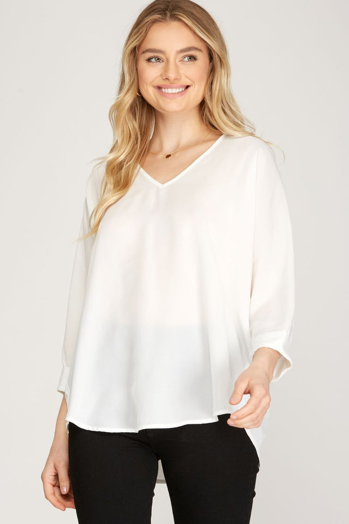 OFF WHITE V-NECK 3/4 SLEEVES WOVEN TOP