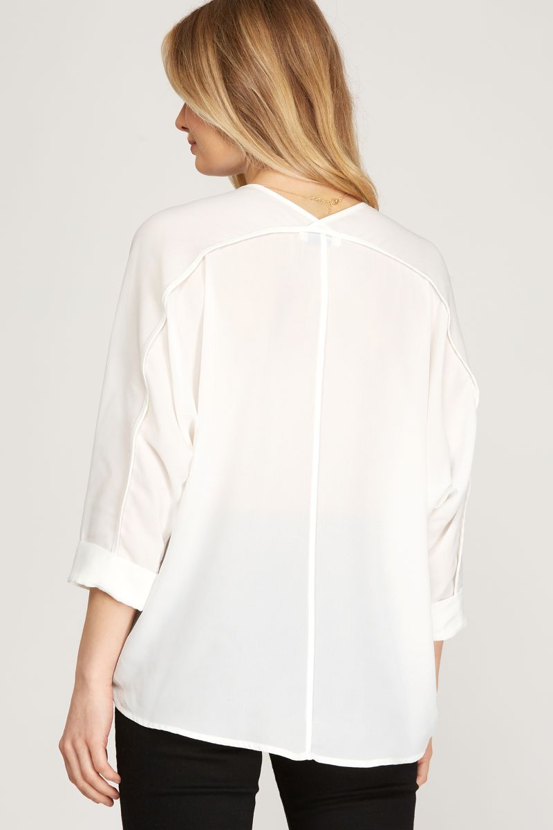 OFF WHITE V-NECK 3/4 SLEEVES WOVEN TOP