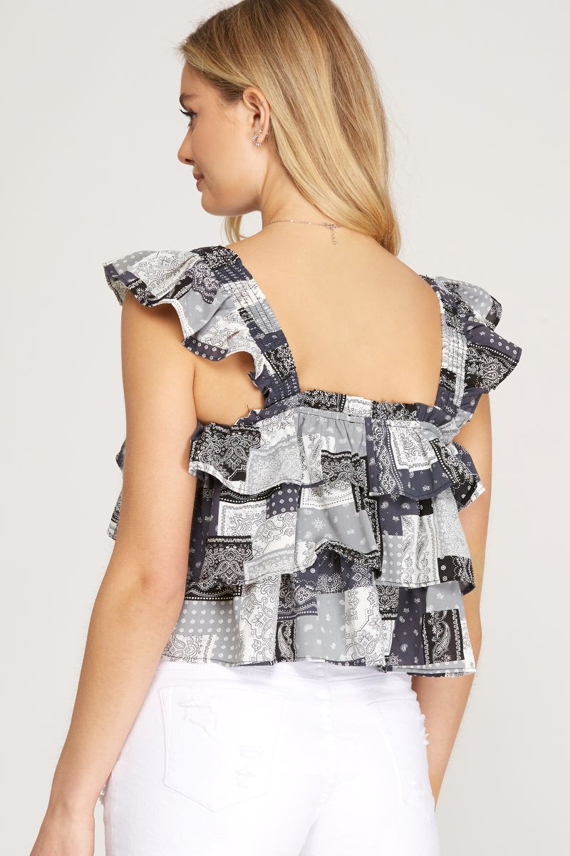 BLACK RUFFLED SLEEVES HANDKERCHIEF PRINT WOVEN SKSS9905