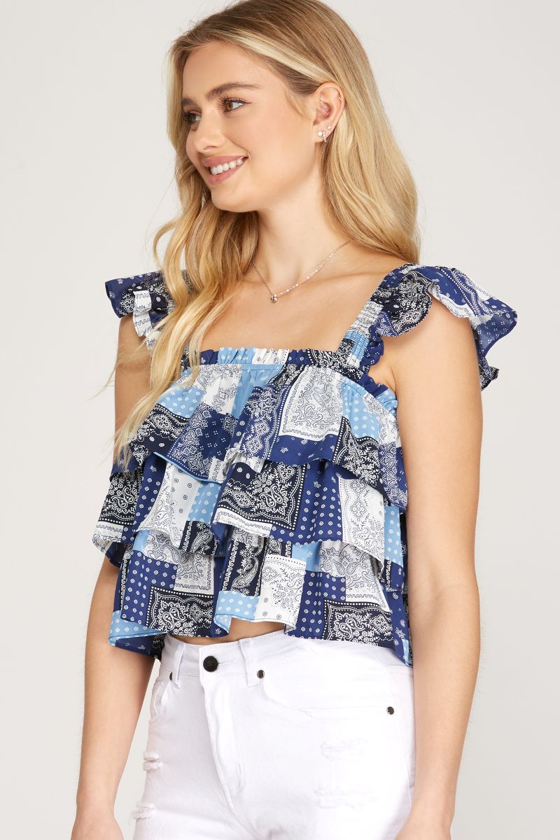 Handkerchief Ruffle NAVY RUFFLED SLEEVES HANDKERCHIEF PRINT WOVEN TOP S8SS9905 – Stylish ...