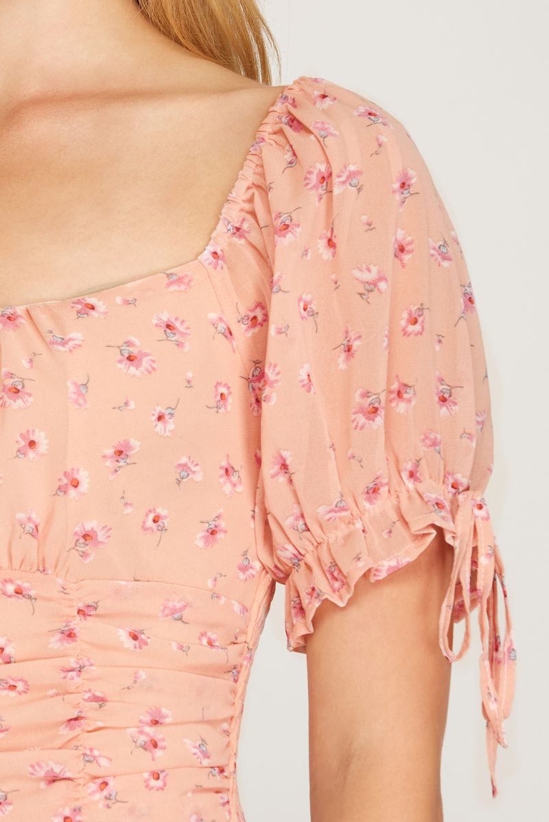 ROSE FLORAL PRINT RUCHED SMOCKING WOVEN TOP S8SS9993