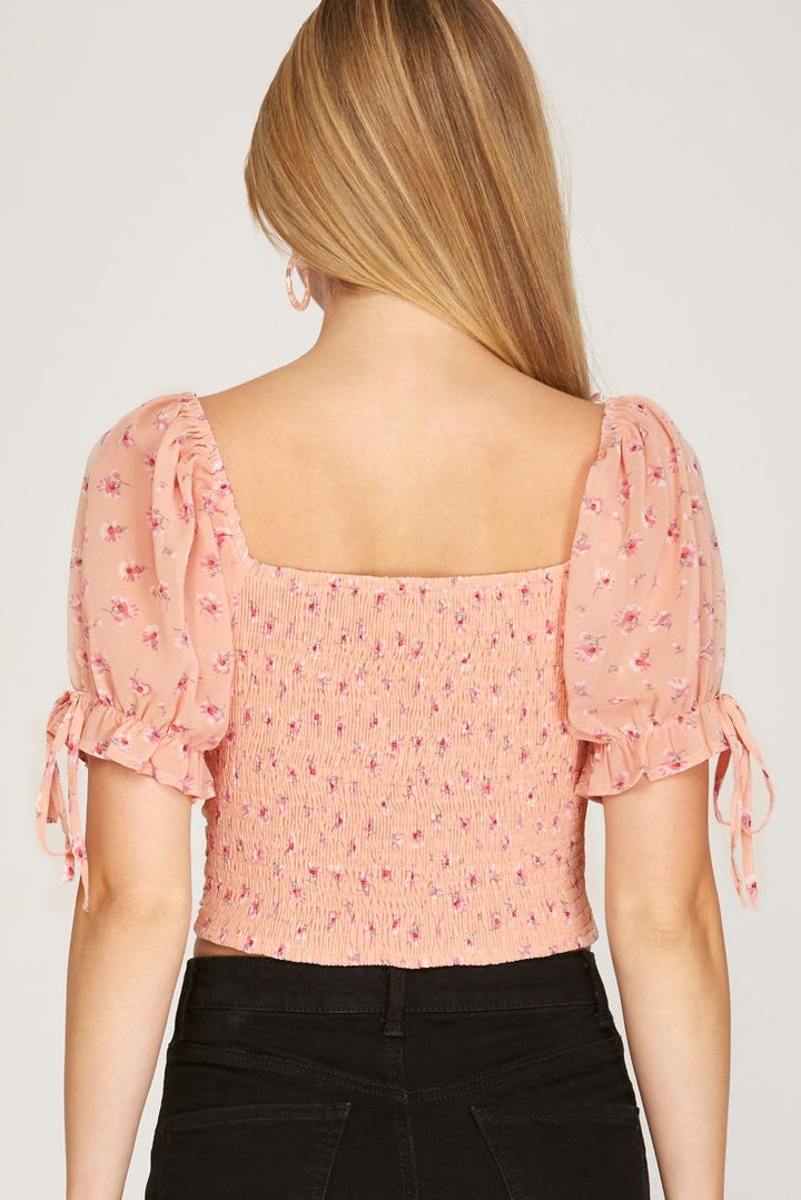 ROSE FLORAL PRINT RUCHED SMOCKING WOVEN TOP S8SS9993