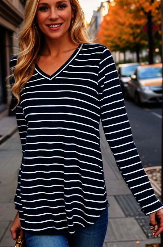LONG SLEEVE V NECK STRIPE PRINT TOP WITH ROUND HEM DETAIL PLUS SIZE