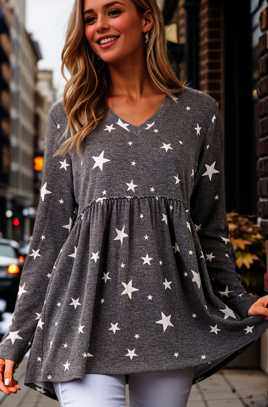 LONG SLEEVE V NECK STAR PRINT TOP WITH RUFFLED DETAIL