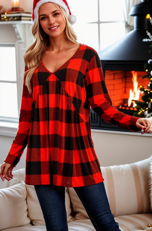 RED/BLACK PLAID PRINT W/ SHIRRING DETAILED TOP
