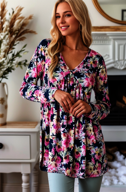 NAVY FLORAL PRINT LONG SLEEVES  RUFFLED PLUS TOP