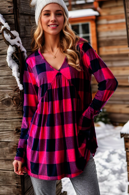 NAVY/FUCHSIA PLAID PRINT LONG SLEEVES  BABYDOLL TOP