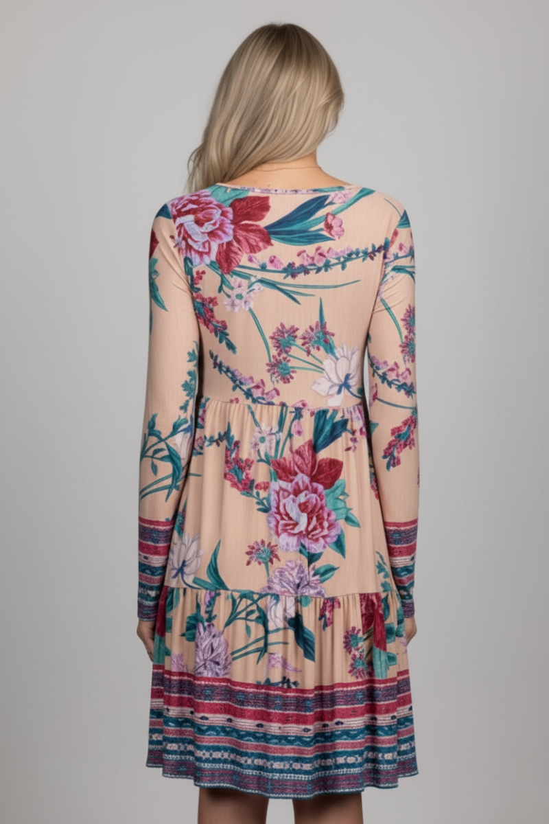 TAUPE FLORAL PRINT SQUARE NECK LONG SLEEVES MIDI DRESS*