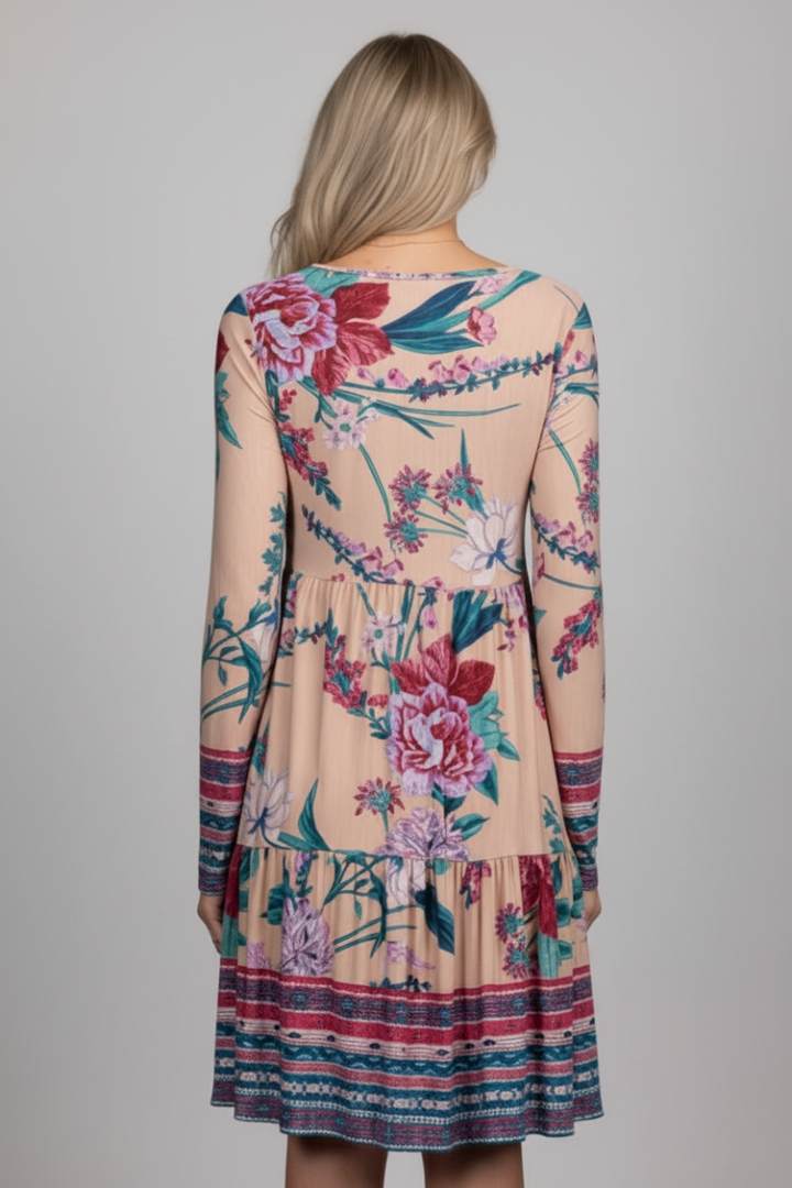 TAUPE FLORAL PRINT SQUARE NECK LONG SLEEVES MIDI DRESS*
