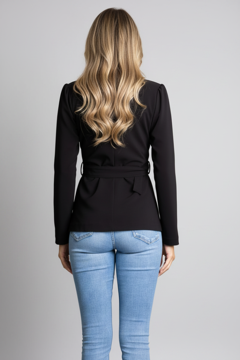 NOIR BLACK LONG SLEEVE BUTTON-UP BELTED TOP 930745