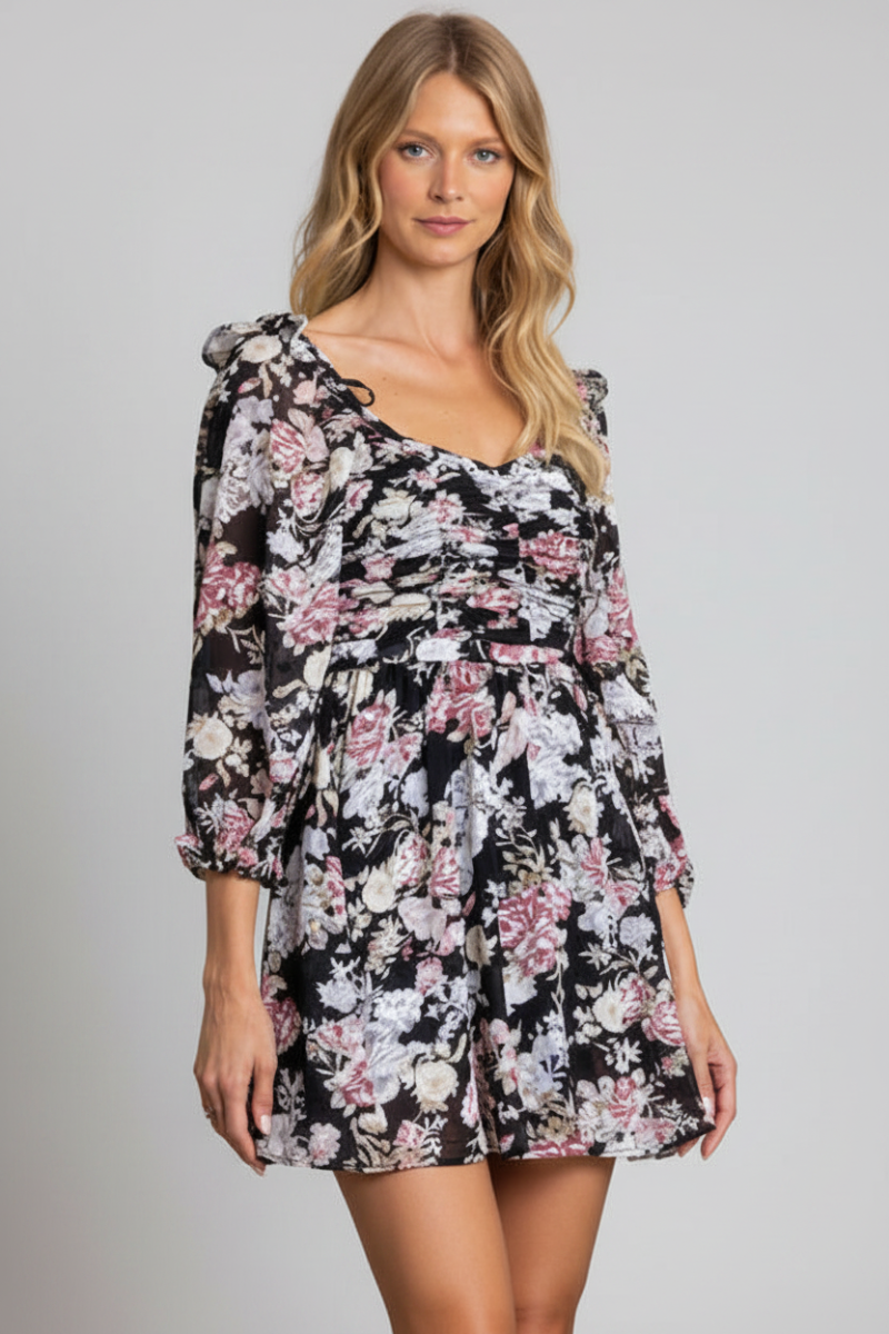 BLACK SQUARE NECK PUFF QUARTER SLEEVES TIE WAIST MINI DRESS-SS9052