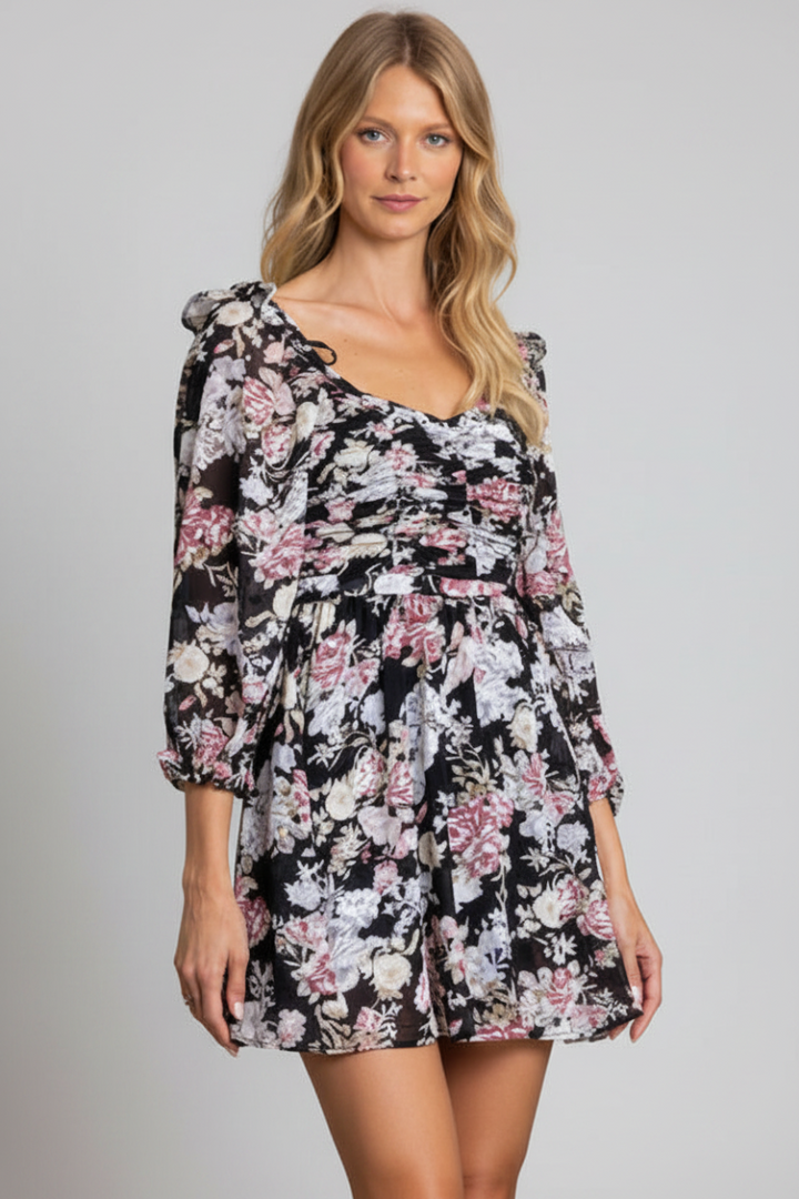 BLACK SQUARE NECK PUFF QUARTER SLEEVES TIE WAIST MINI DRESS-SS9052