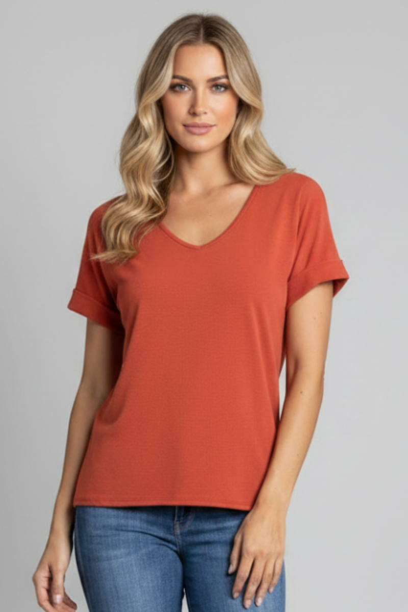 RUST SOLID V-NECK FOLDED HEM SHORT SLEEVE TOP-ST11396 -