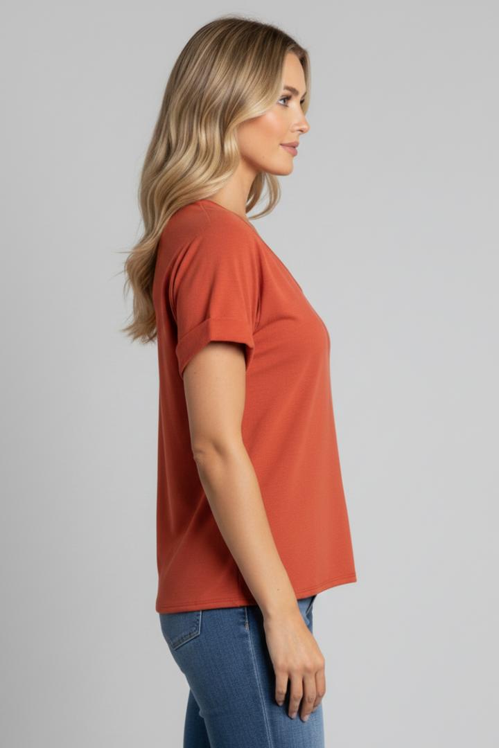RUST SOLID V-NECK FOLDED HEM SHORT SLEEVE TOP-ST11396 -