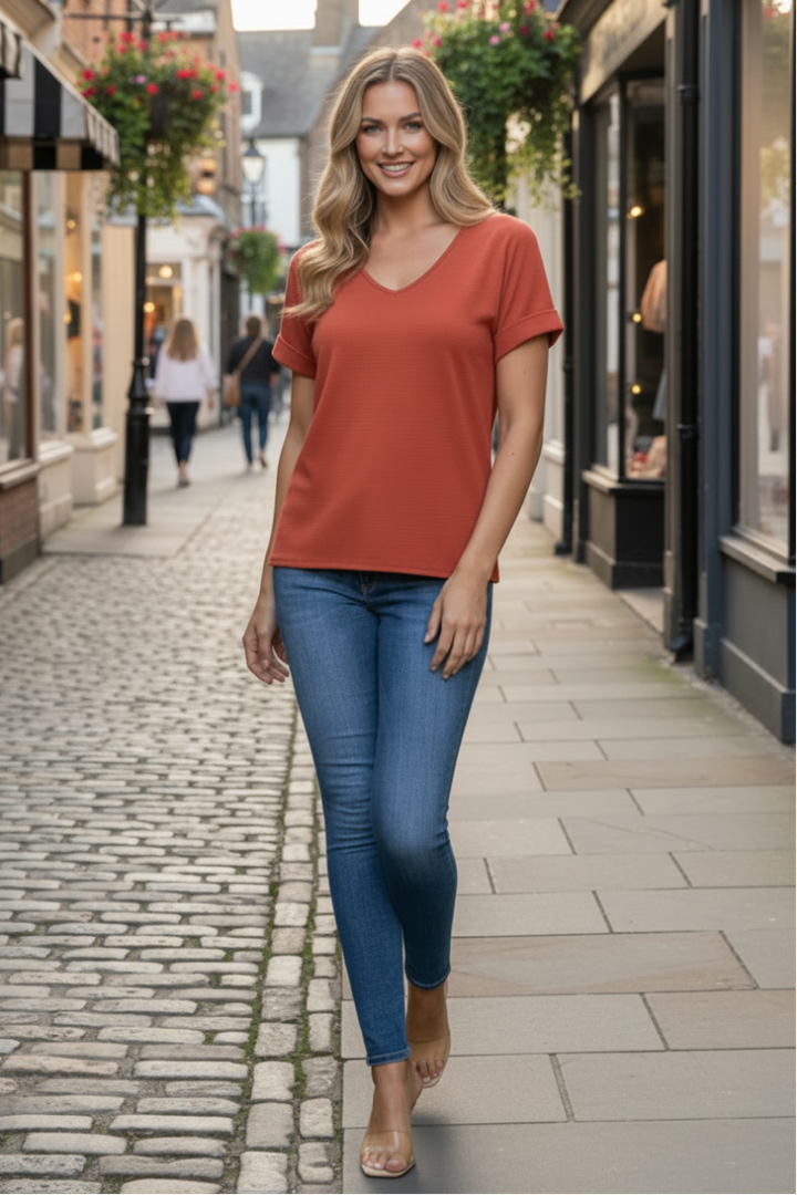 RUST SOLID V-NECK FOLDED HEM SHORT SLEEVE TOP-ST11396 -