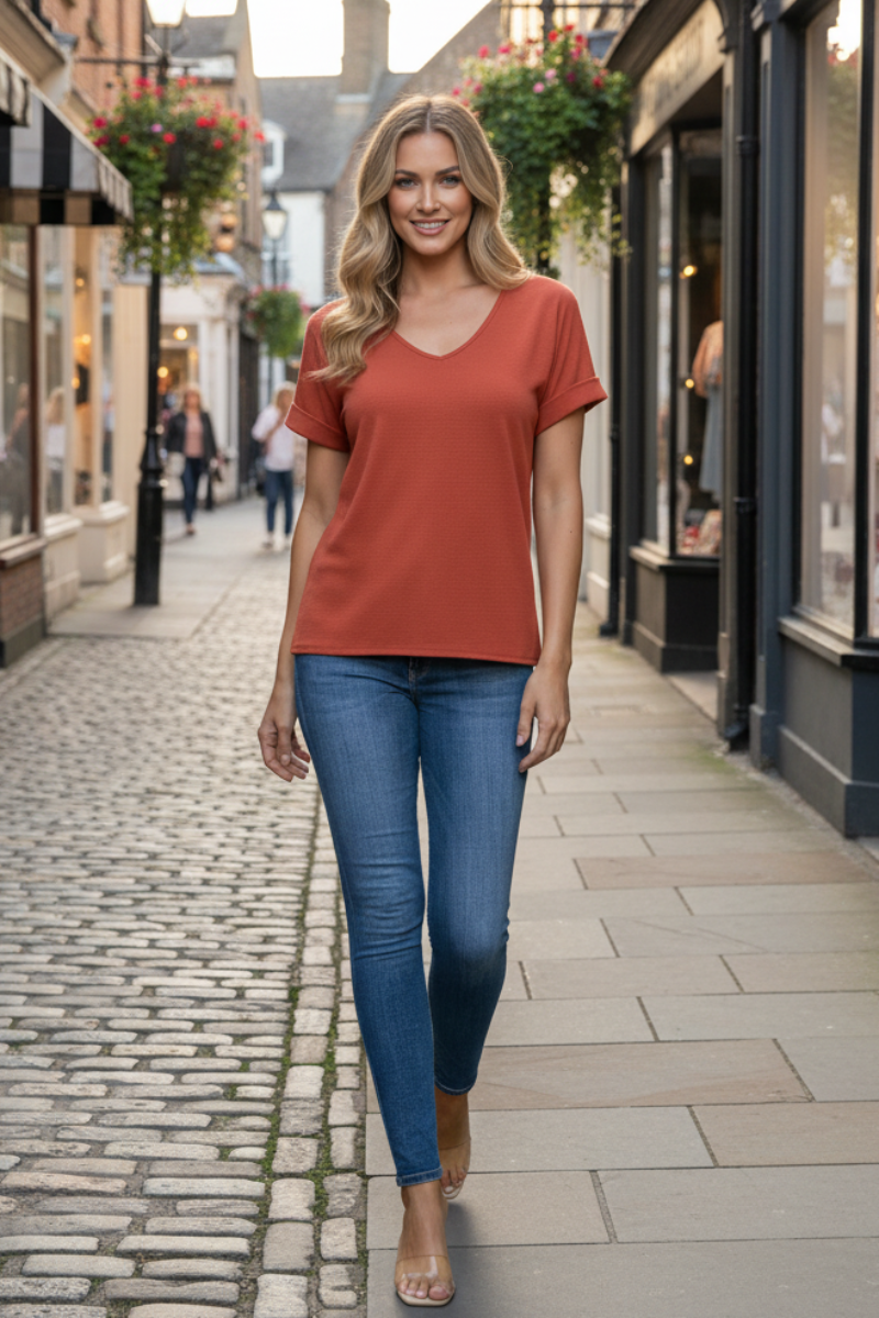 RUST SOLID V-NECK FOLDED HEM SHORT SLEEVE TOP-ST11396 -