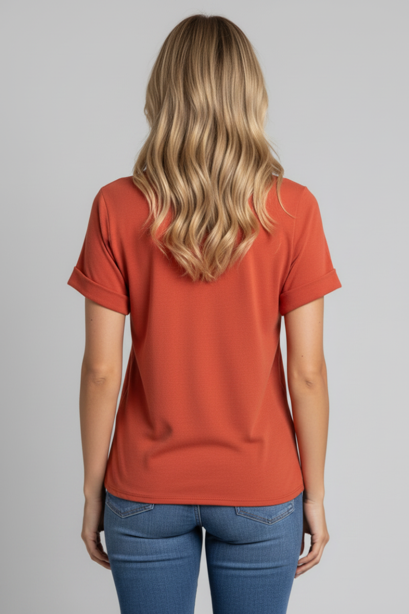 RUST SOLID V-NECK FOLDED HEM SHORT SLEEVE TOP-ST11396 -