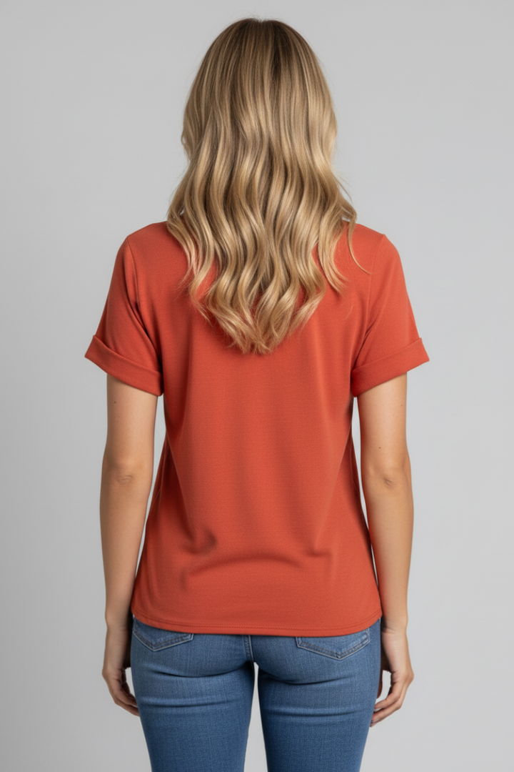 RUST SOLID V-NECK FOLDED HEM SHORT SLEEVE TOP-ST11396 -