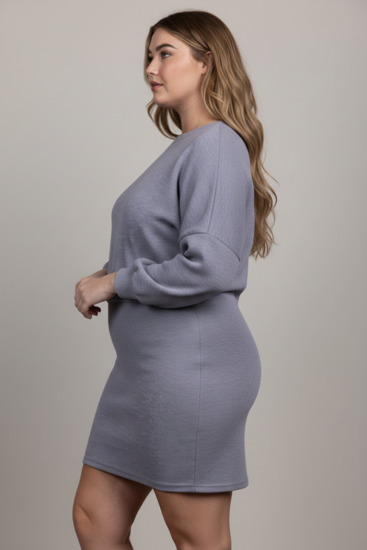 RIBBED STITCH DOLMAN SLEEVES PLUS SIZE  MINI SWEATER DRESS D1132P