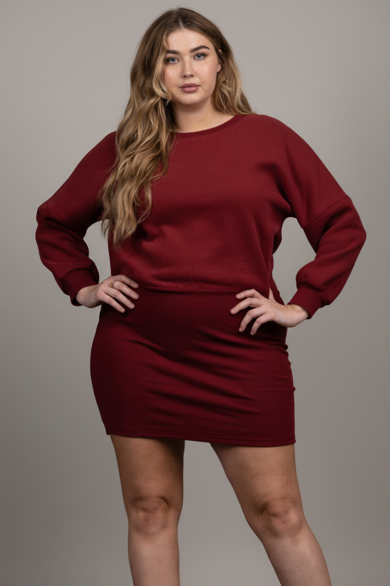 RIBBED STITCH DOLMAN SLEEVES PLUS SIZE  MINI SWEATER DRESS D1132P