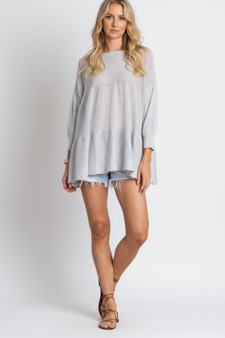 GREY CABLE KNIT BABYDOLL TUNIC TOP-TI10408-