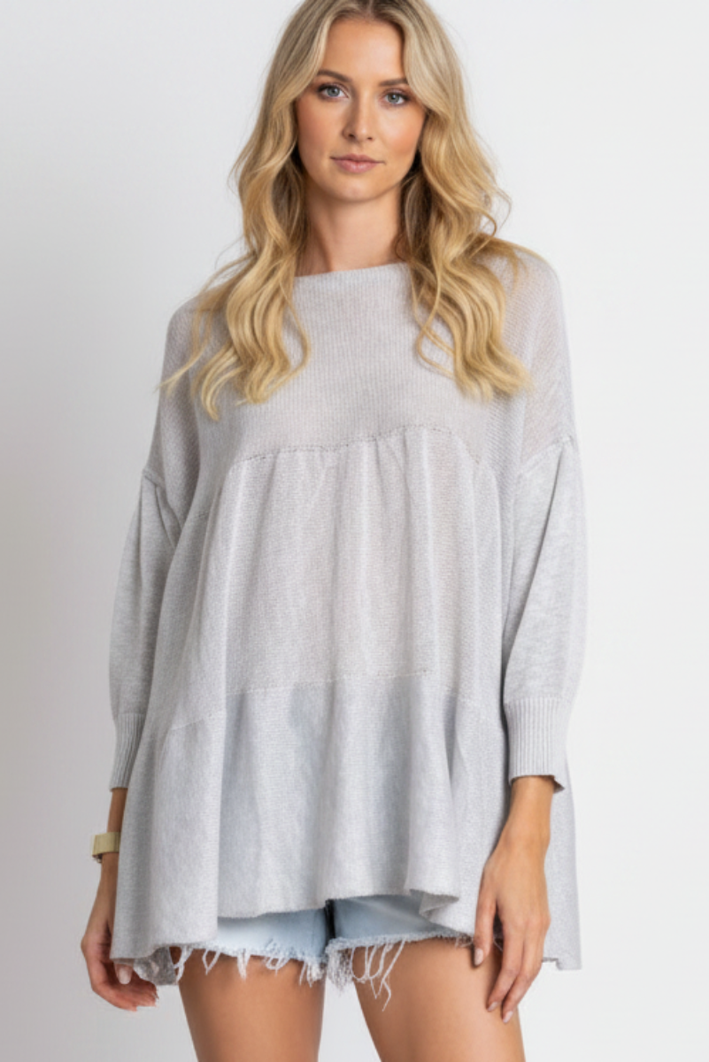 GREY CABLE KNIT BABYDOLL TUNIC TOP-TI10408-