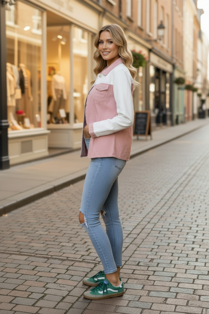PINK/WHITE COLOR BLOCK CORDUROY LONG SLEEVES JACKET-B51570W