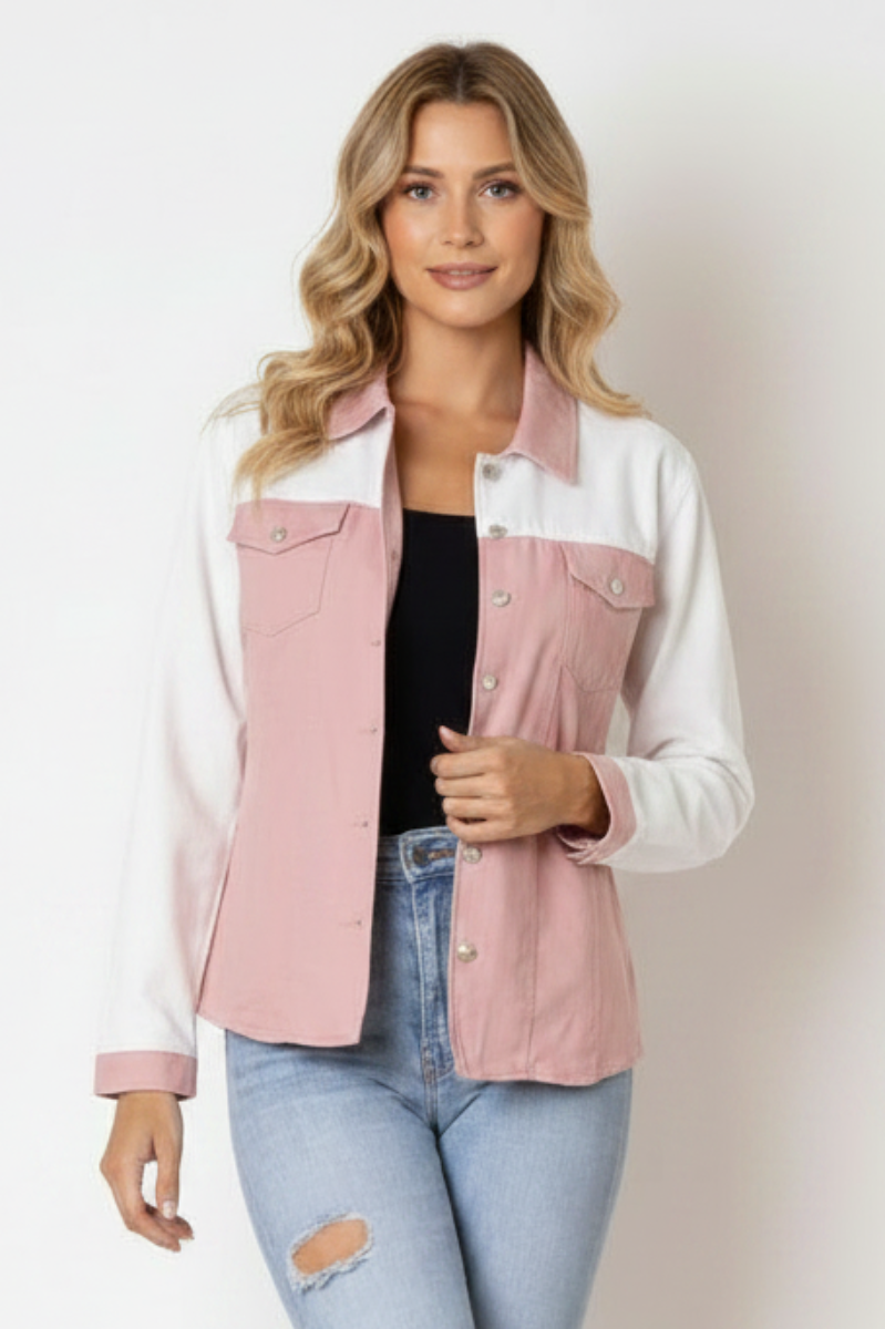 PINK/WHITE COLOR BLOCK CORDUROY LONG SLEEVES JACKET-B51570W