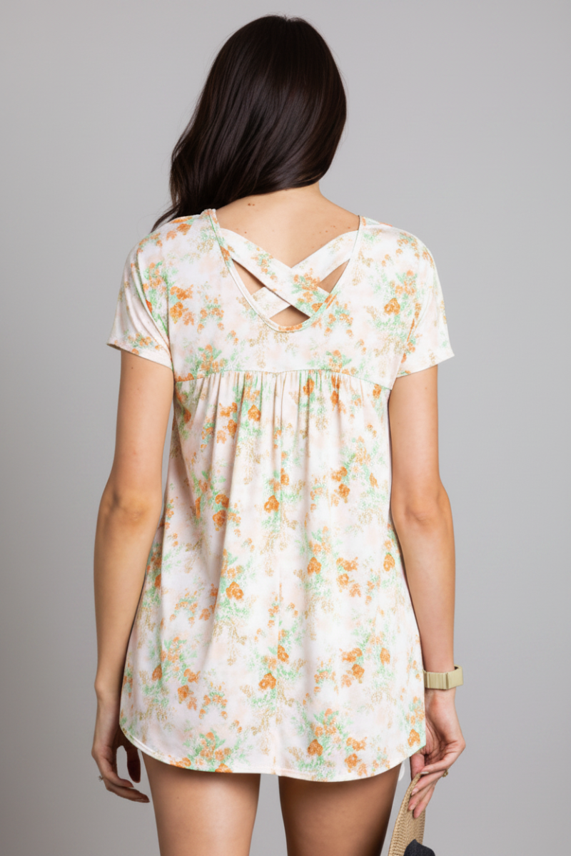 FLORAL PRINT SHORT SLEEVES A-LINE TUNIC TOP-B37365C