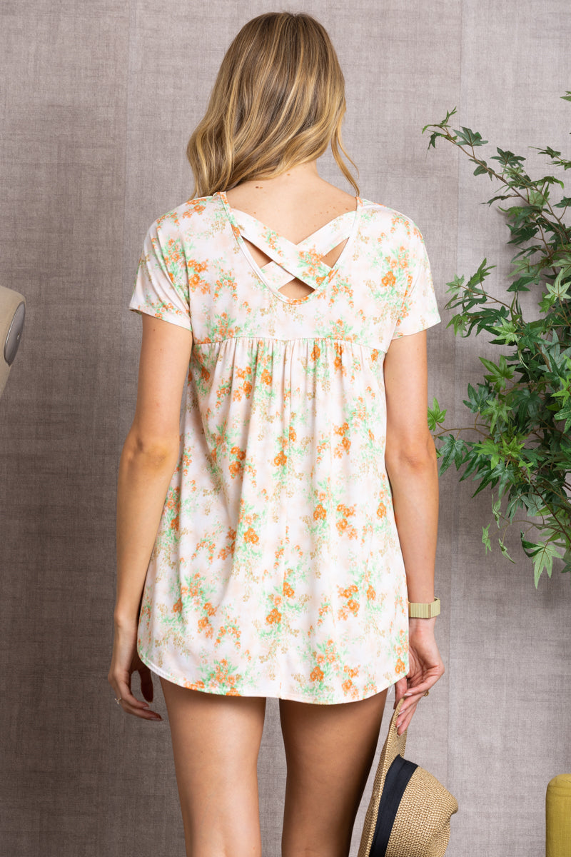 FLORAL PRINT SHORT SLEEVES A-LINE TUNIC TOP-B37365C