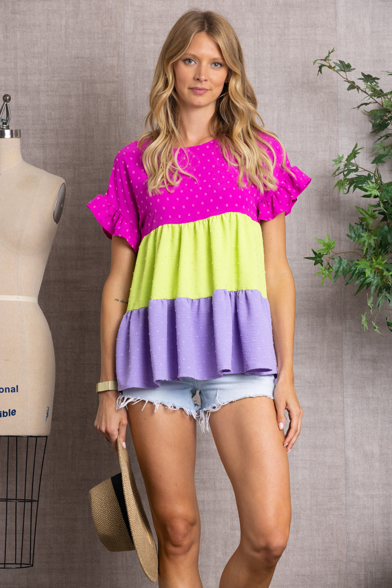 SWISS DOT SOLID COLOR RUFFLE SHORT SLEEVES TOP-B5668