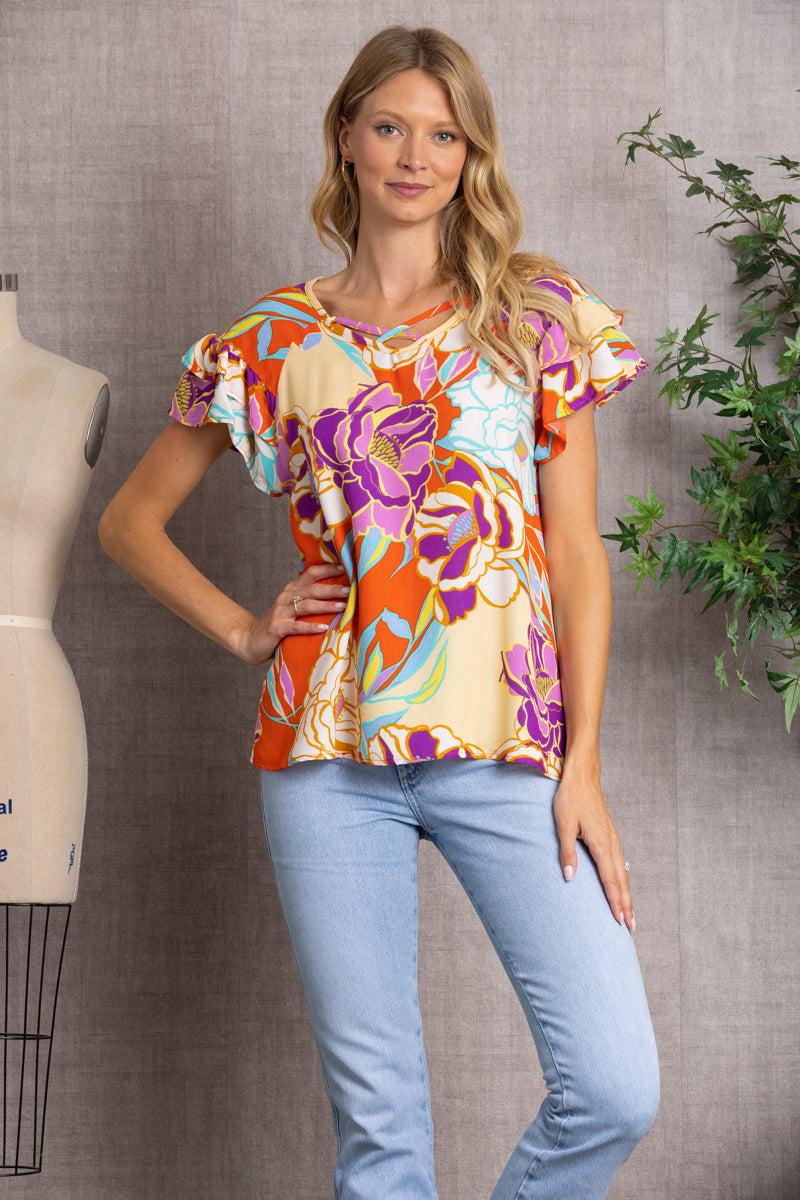 FLORAL PRINT CRISS CROSS V-NECK LAYERED BELL SLEEVES TOP