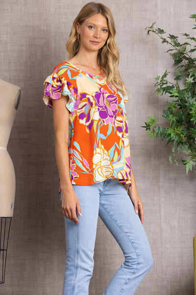 FLORAL PRINT CRISS CROSS V-NECK LAYERED BELL SLEEVES TOP