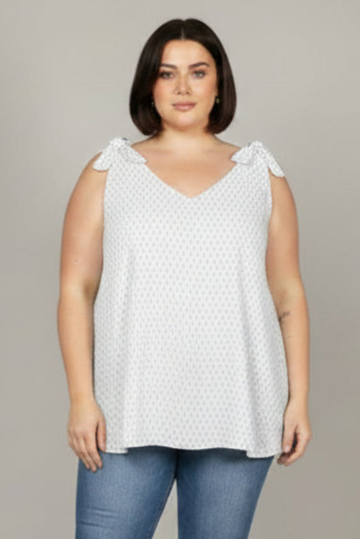 WHITE ARROW HEAD SELF-TIE SLEEVELESS PLUS SIZE TOP T6944