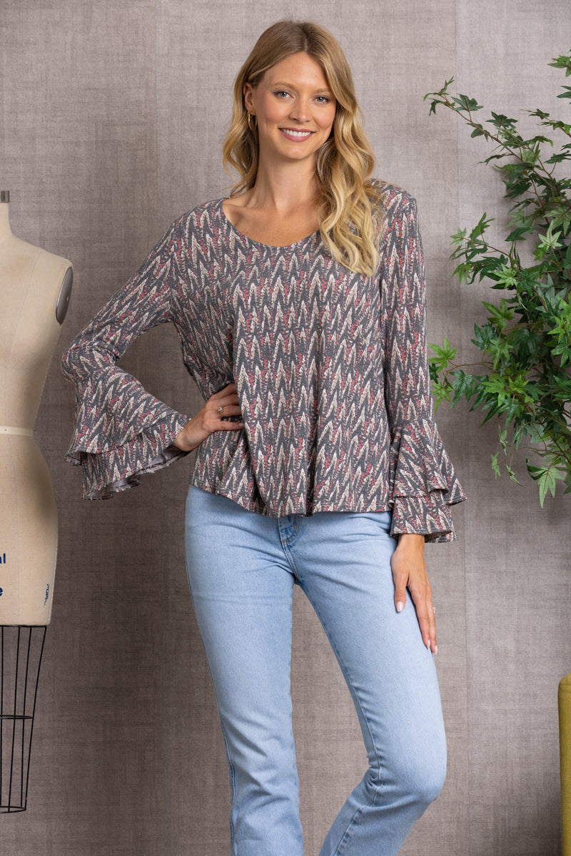 PRINTED BELL LONG SLEEVES KNIT TOP TJ10311 Stylish Wholesale Inc