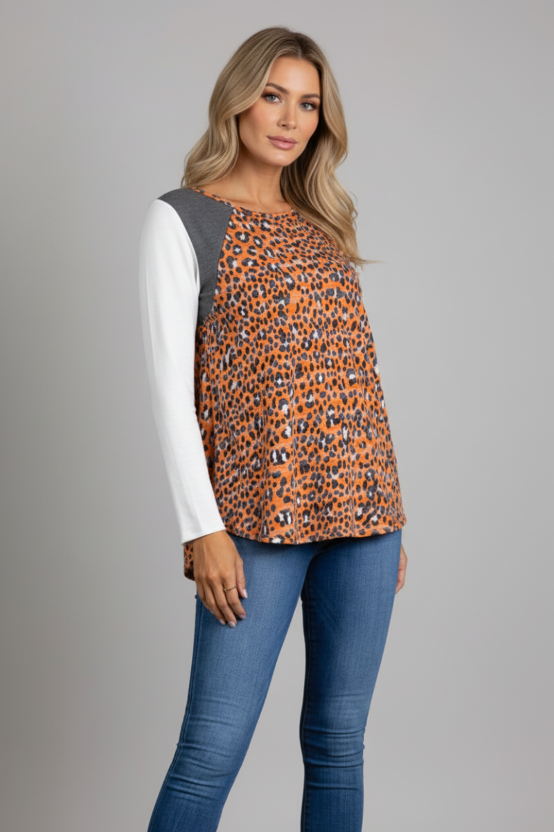 ORANGE ANIMAL PRINT LONG SLEEVES CONTRAST TOP-B5551-