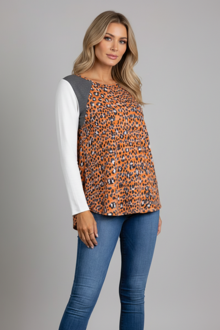 ORANGE ANIMAL PRINT LONG SLEEVES CONTRAST TOP-B5551-