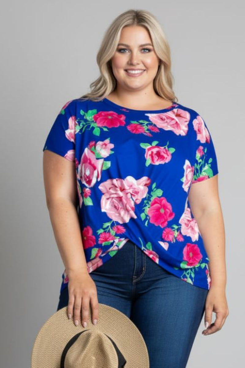 FLORAL PRINT TWISTED HEM PLUS SIZE TOP-ST1219