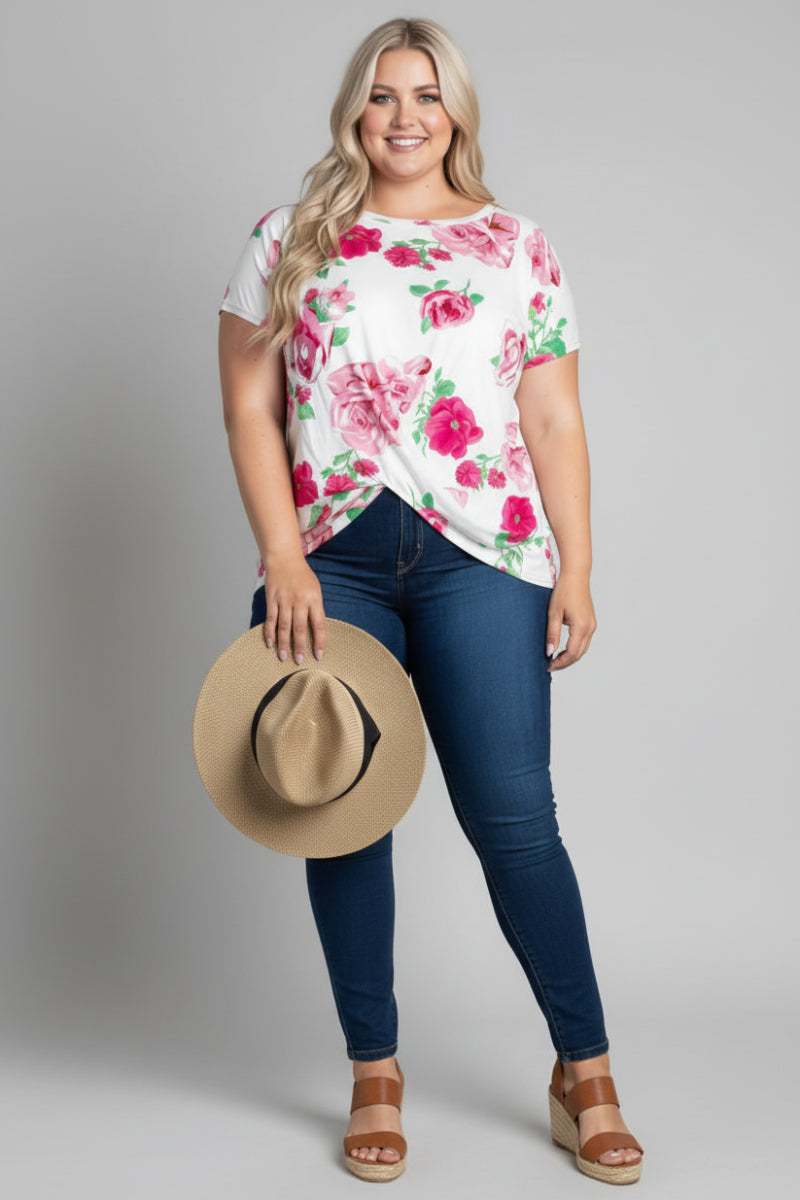FLORAL PRINT TWISTED HEM PLUS SIZE TOP-ST1219