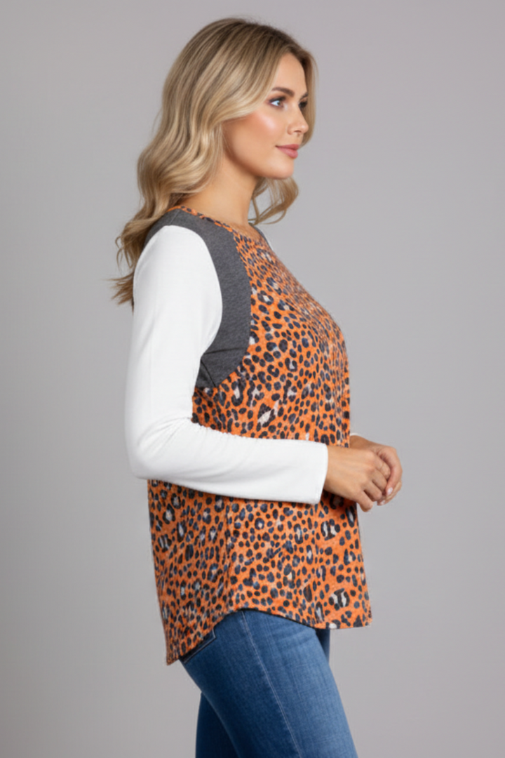 ORANGE ANIMAL PRINT LONG SLEEVES CONTRAST TOP-B5551-